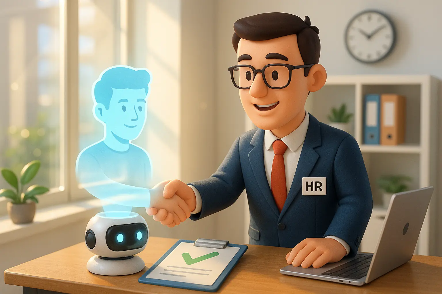 HR professional using an AI recruitment game to assess a virtual candidate