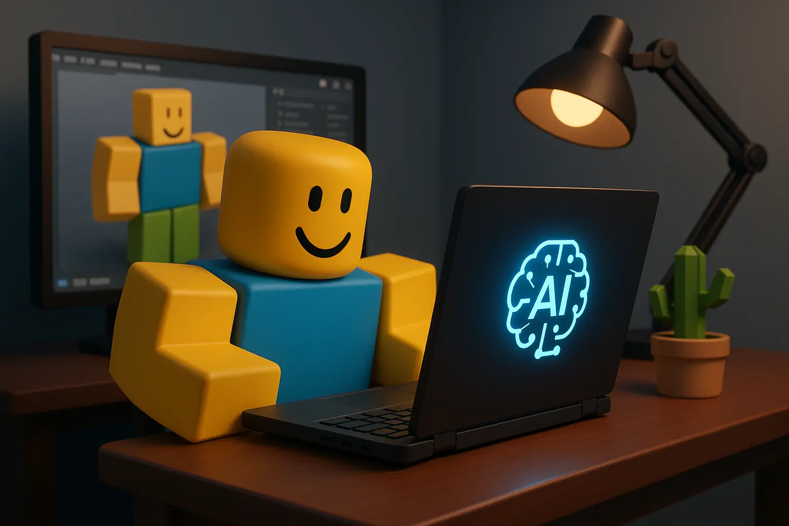 AI tools for Roblox game development with avatar creation on a laptop