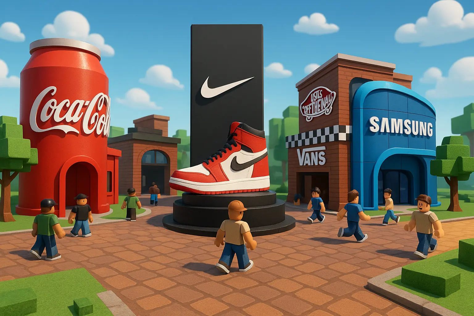 Branded Roblox worlds with company-style buildings and player avatars
