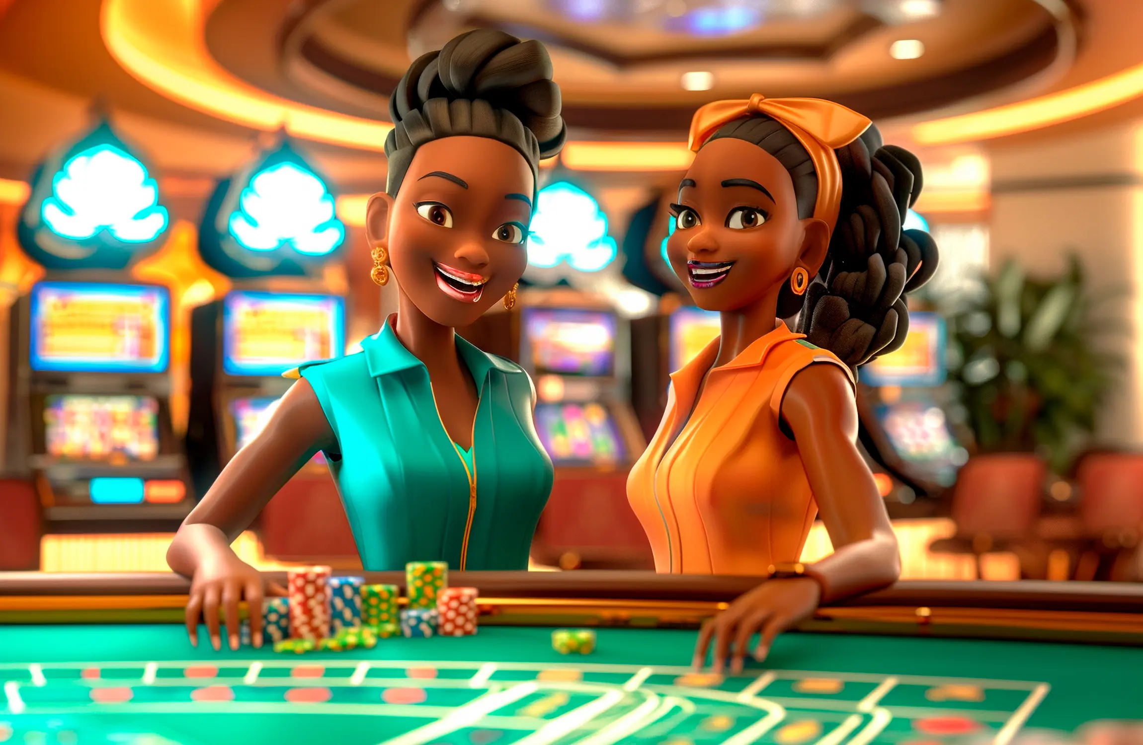 Animated players at a roulette table in a crypto casino game