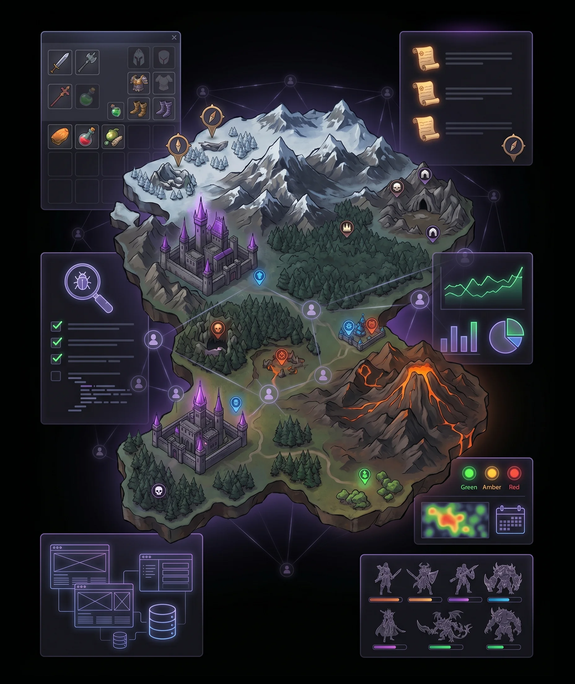 Fantasy game world map with UI panels for game portfolio