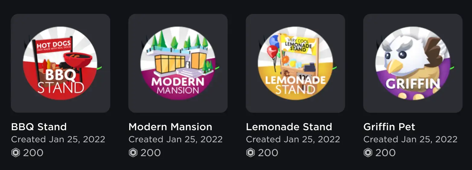 Roblox Game Passes example: BBQ Stand, Modern Mansion, Lemonade Stand, Griffin Pet