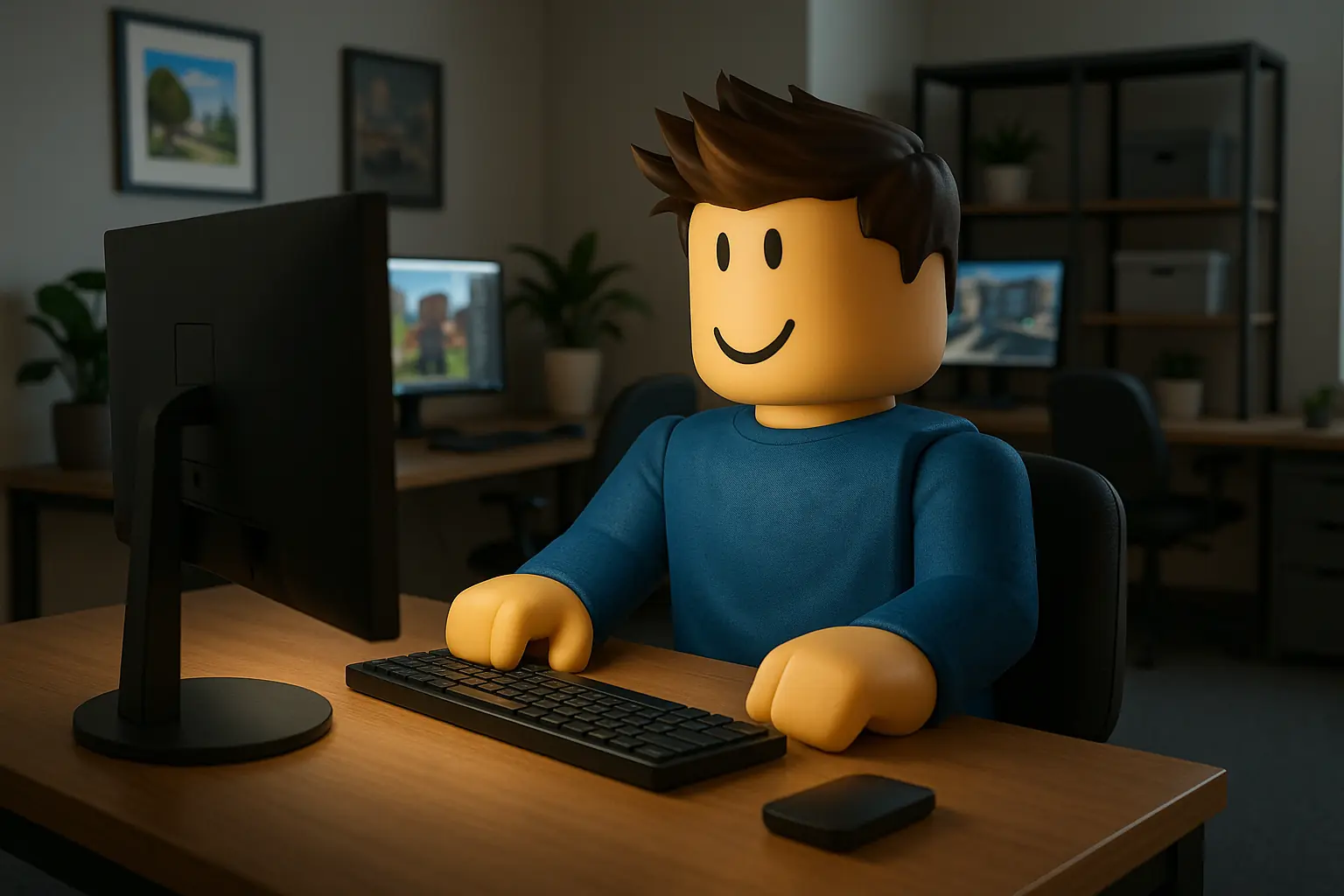 Roblox-style game developer working at a computer