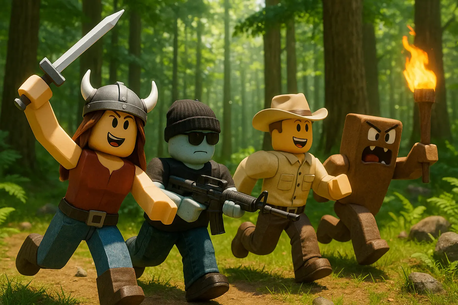 Roblox-style characters running through a forest in an adventure game idea