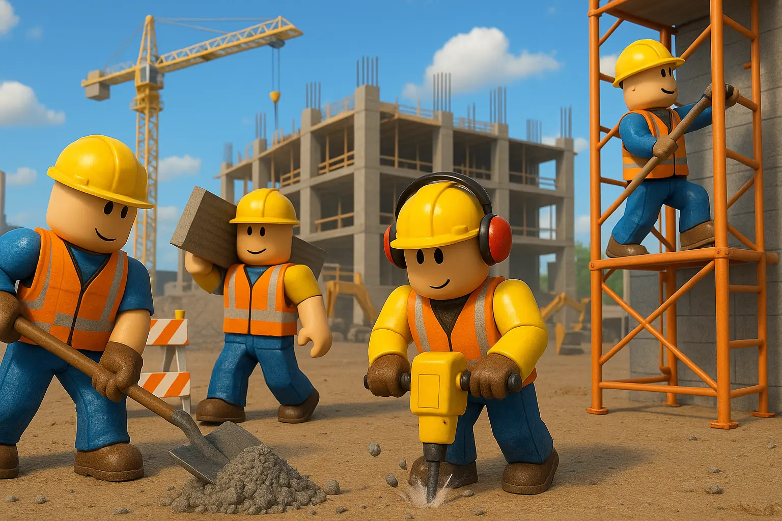 Roblox-style construction workers for a building game idea