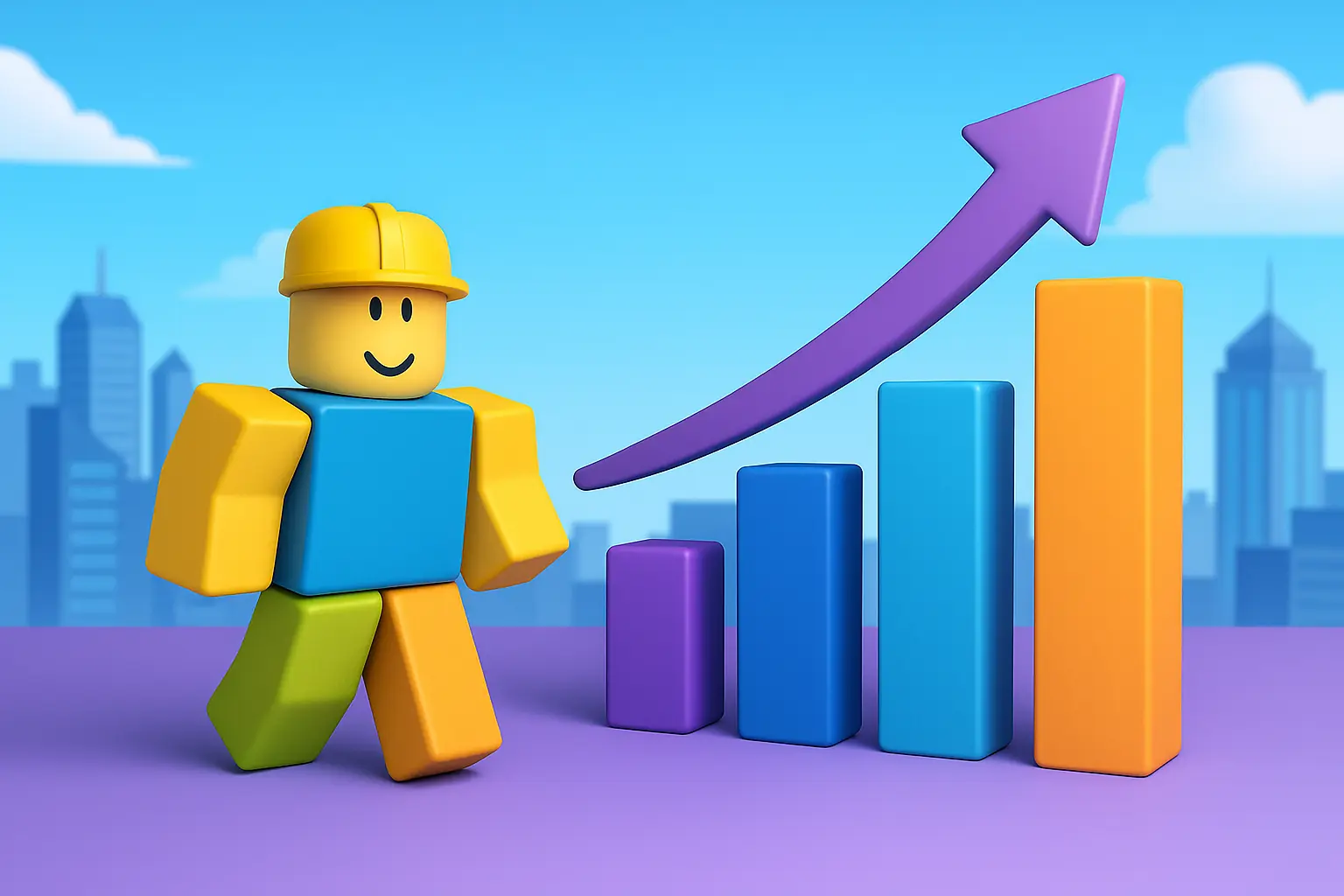 Roblox trends growth chart with a player avatar and rising analytics arrow
