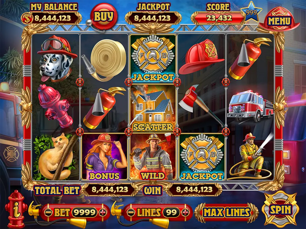 Slot game art showing fire rescue themed slot interface with reels, bonus symbols, and spin controls
