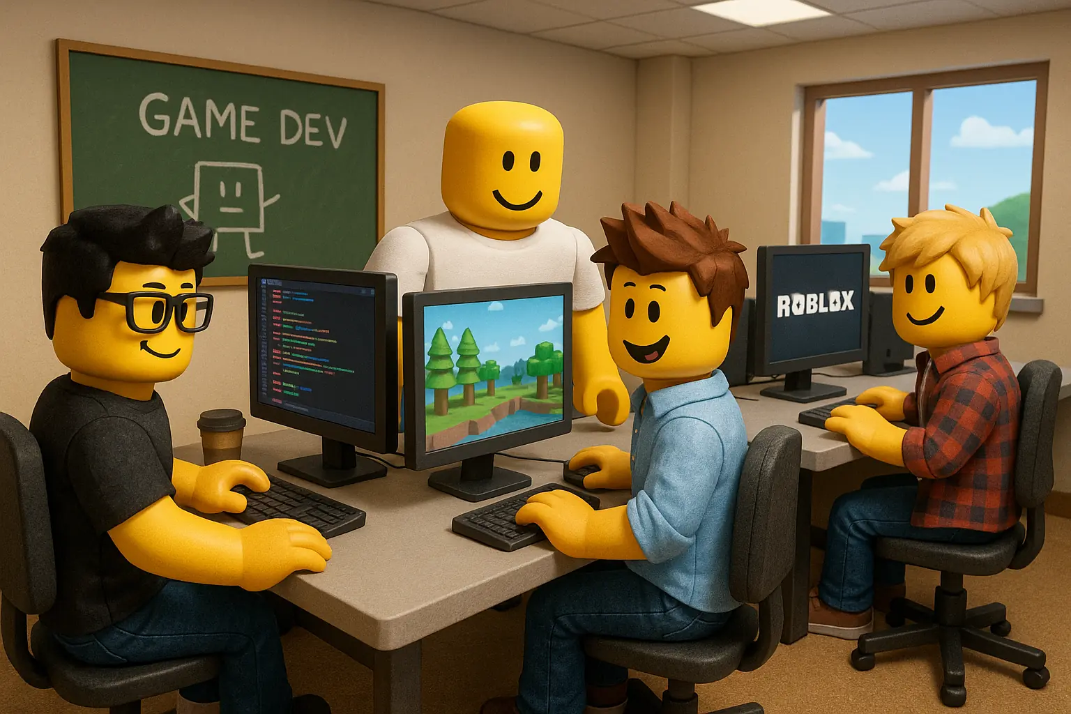 Roblox-style developers working on a game project